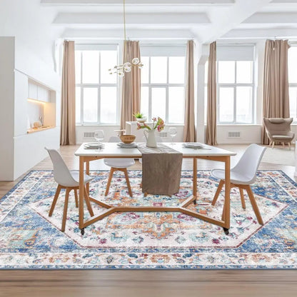 Washable Area Rug 8x10 - Stain Resistant Vintage Design for Living Room, Non-Slip Foldable Carpet for Bedroom