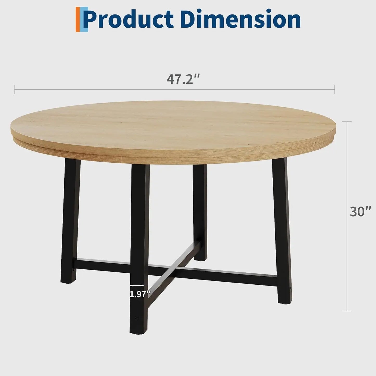 47" Round Industrial Dining Table - Rustic Wood Top w/Metal Frame, Seats 4-6 (No Chairs)