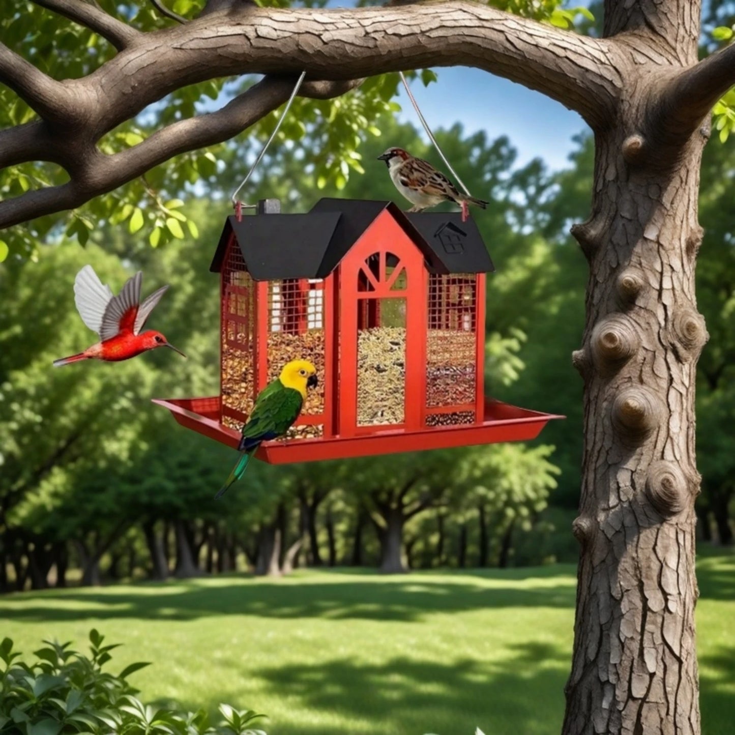 1 Outdoor Hanging Wild Bird Feeder, Large Capacity, Large Birdhouse with Metal Mesh Cover and Seed Tray, Suitable for Titles, Red Birds, Titles, Hummingbirds, Squirrel Protection and Weather-Resistant Metal Outdoor Garden Cou