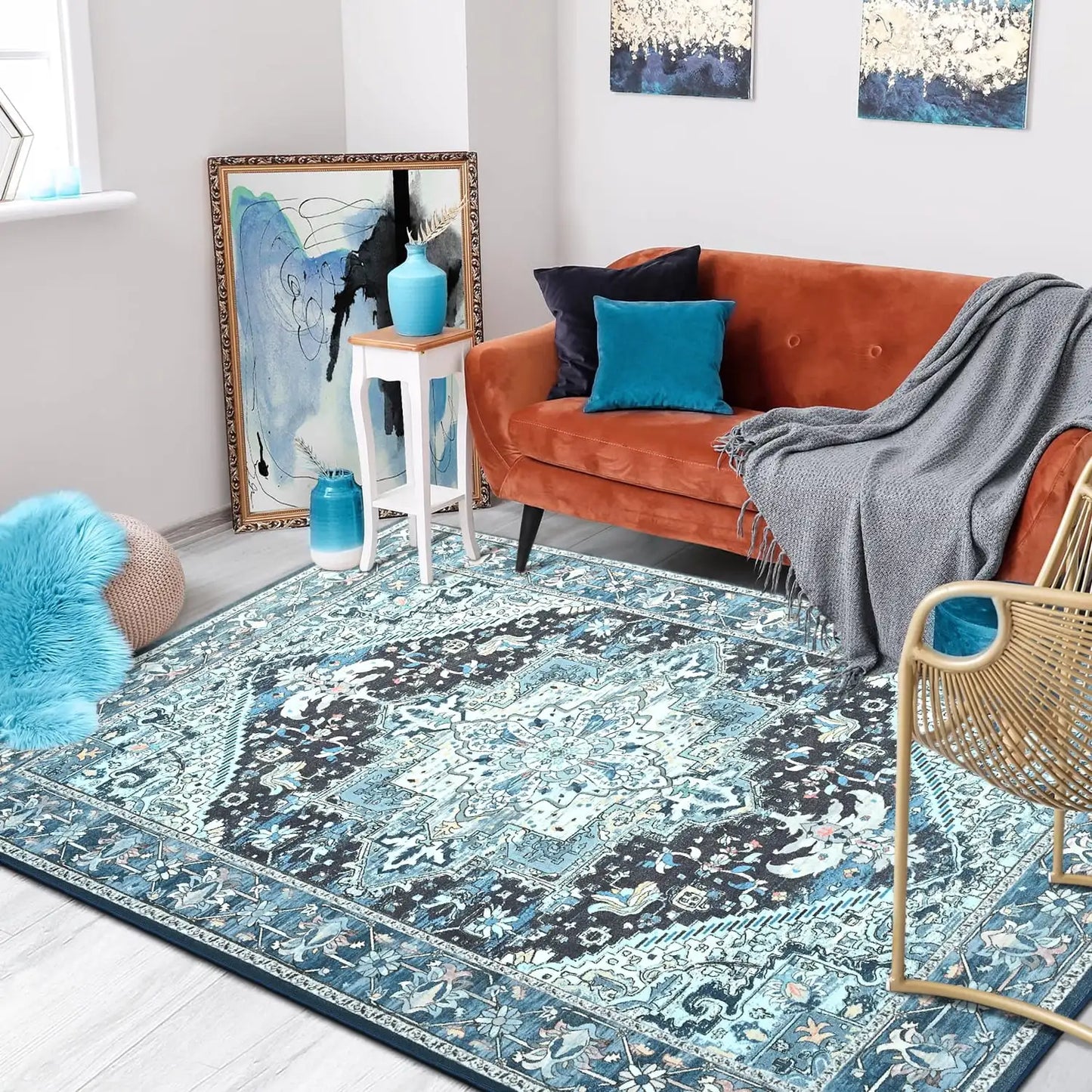 Faux Cashmere Vintage Floral  Soft Accent Area Rug, Low Pile for Living Room Bedroom