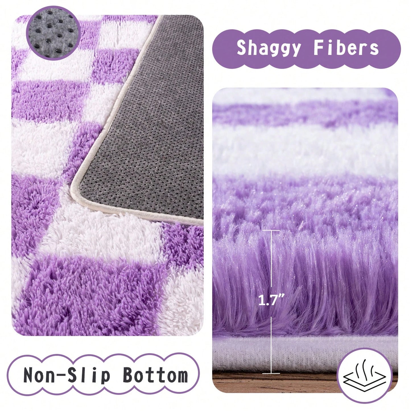 Fluffy Long Shag Plaid Area Rug for Bedroom, Living Room Washable , Super Soft Indoor Plush Rug.