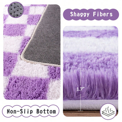 Fluffy Long Shag Plaid Area Rug for Bedroom, Living Room Washable , Super Soft Indoor Plush Rug.