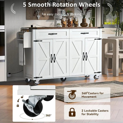 Farmhouse Rolling Kitchen Island with Power Outlet, Drop Leaf Breakfast Bar, Wooden Mobile Storage Island Cart on Wheels