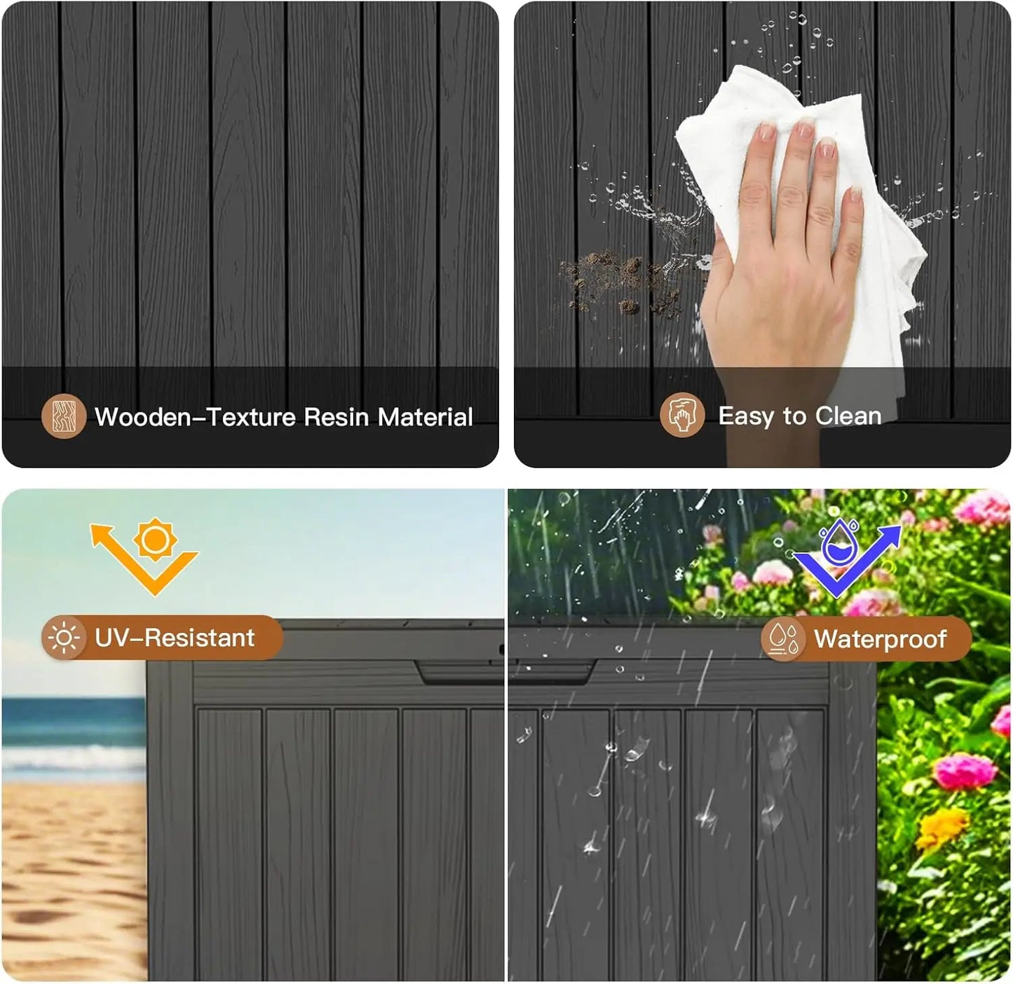 45Gal Black Deck Box - Waterproof & UV-Resistant Outdoor Storage w/Lockable Lid - For Patio/Garden