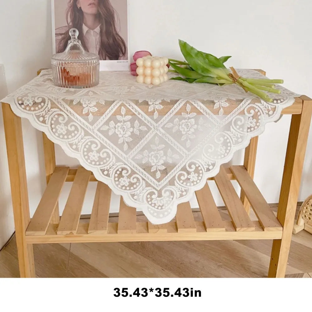 Nordic White Lace Hollow Tablecloth Vintage Rose Flower Pattern