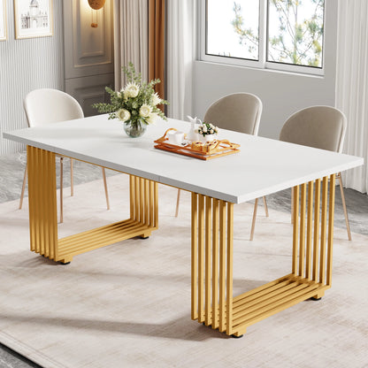 63-Inch Rectangular Dining Table for 4 to 6, Modern Kitchen Table with Faux Marble Table Top