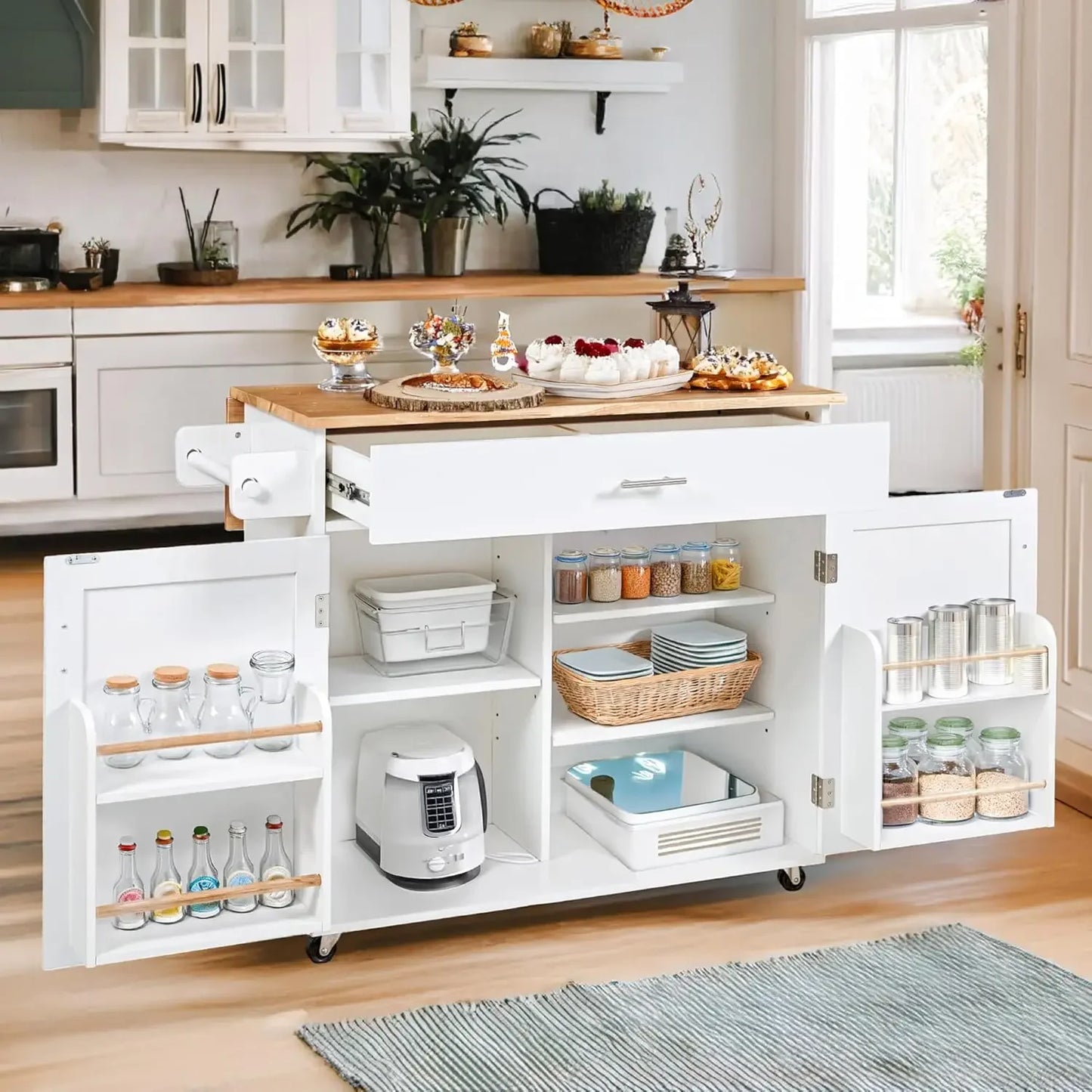 Small Kitchen Island Cart on Wheels with Drop Leaf Countertop, Mobile Kitchen Cat with Internal Storage Rack, Spacious Drawer