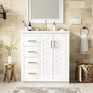 30 Inch Bathroom Vanity with Ceramic Sink, Modern Bathroom Storage Cabinet with 3 Drawers and 2 Doors