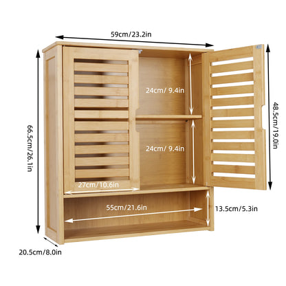 Bathroom Wall Cabinet Storage Shelf Bamboo Medicine Cabinet with with 2 Doors Adjustable Shelf