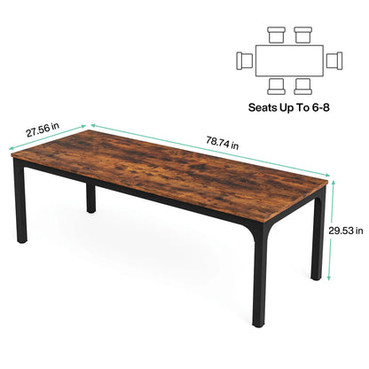 Dining Table for 6-8 People, 200cm Large Narrow Long Rectangular Kitchen Dinner Table, Rustic Wood Dining Table