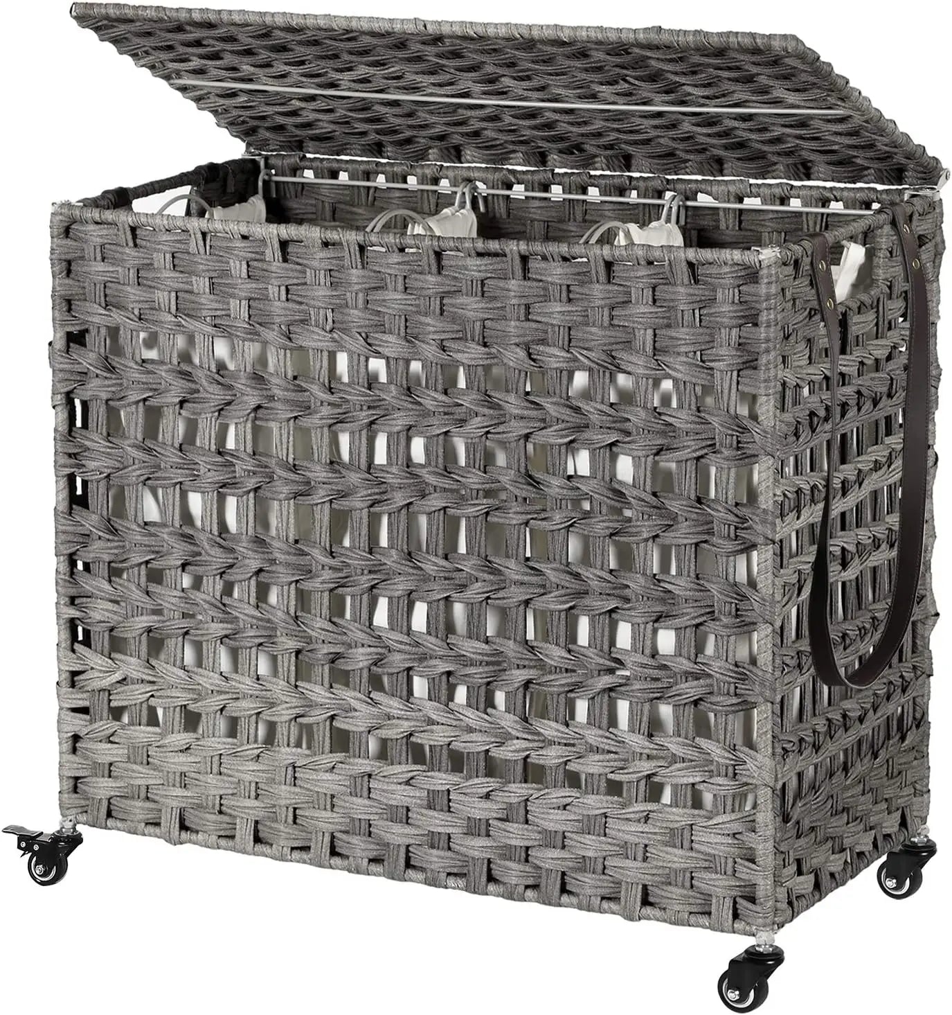 Laundry Hamper with Lid 140L Synthetic Rattan Laundry Basket with Wheels Clothes Hamper with 3Removable Liner Bags 3Section