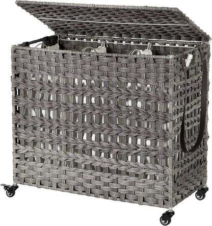 Laundry Hamper with Lid 140L Synthetic Rattan Laundry Basket with Wheels Clothes Hamper with 3Removable Liner Bags 3Section