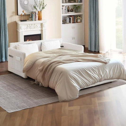 Queen Size Pull Out Couch Sleeper Sofa Bed, 3-in-1 Convertible Futon Couch for Living Room with Storage Pockets & Arm Pillows