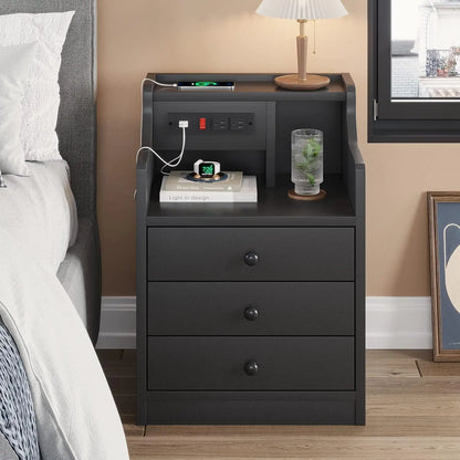 Nightstand with Charging Station,  with Hutch & Storage Drawers