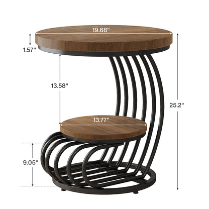 Gold Round End Table: 2 Tiers Faux Marble Side Table with Storage Shelf, Modern White Gold Bedside Nightstand
