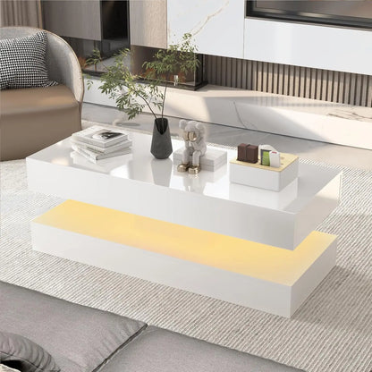 Modern Stylish Coffee Table with LED lights, Double-Layer Design for Living Room Coffee Table with 2 Storage Drawers