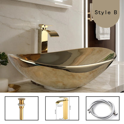 Gold Ceramic Luxury Bathroom Vessel Sink Set  Bowl Washbasin Waterfall Brass Faucet Pop Up Drain Combo High-End Basin Kit