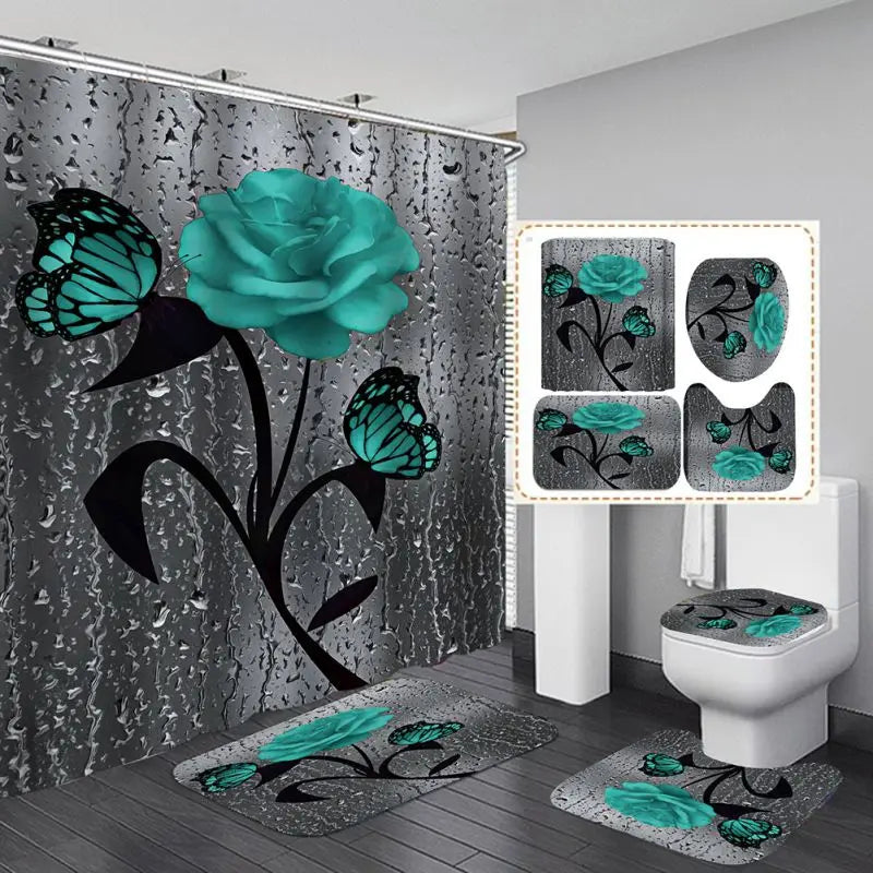 4pcs Set Doormat Shower Curtain with Non-Slip Rugs Toilet Seat Cover Bath Carpet Durable Waterproof