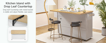 60" Mobile Kitchen Islands Rolling Trolleys Kitchen Island Table Drop Leaf Home Carts with Power Outlet Spice Towel Rack Trash