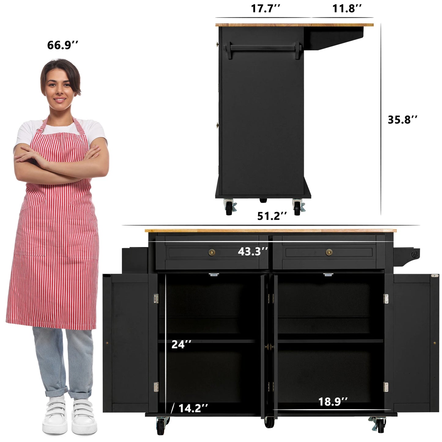 Rolling Kitchen Island with Drop Leaf – Movable Kitchen Carts on Wheels Island with Storage Cabinet