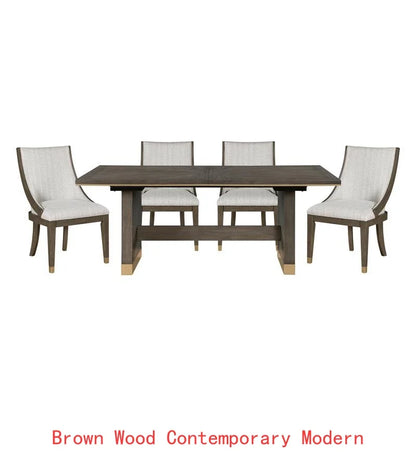 Modern Brown Finish 9-Piece Dining Set with Extension Table and 8 Armchairs, Upholstered Kitchen Furniture with Gold Tipping.