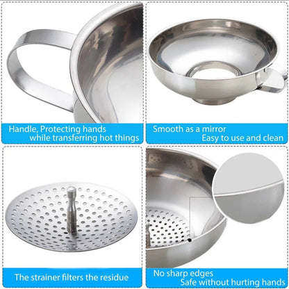 Food grade stainless steel canning funnels with filters, wide mouth funnels for kitchens, wide POTS and regular cans