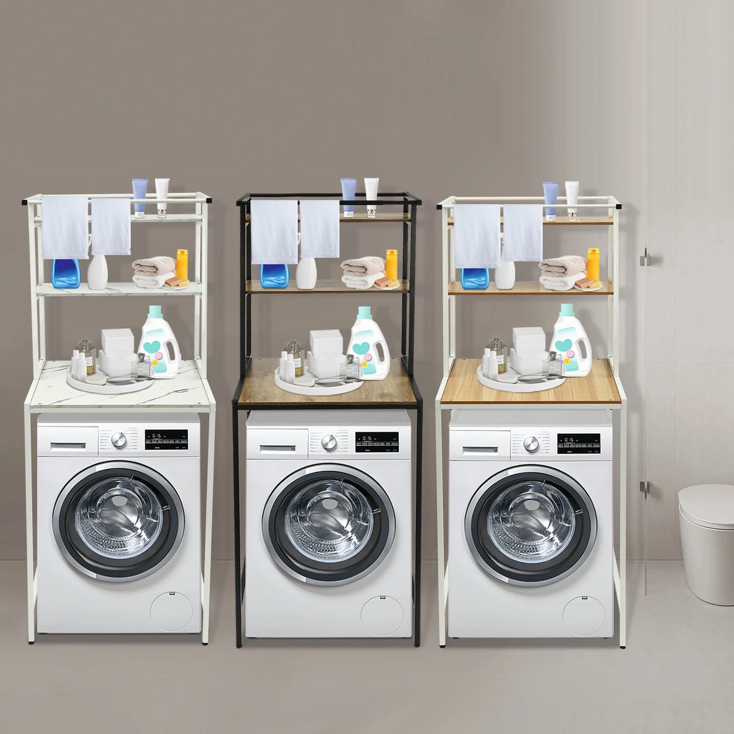 Over Washer and Dryer Storage Shelves 3 Tiers Standing Clothes Drying Rack with Basket for Laundry Room Balconies Porches