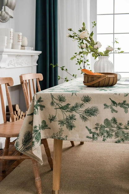 Cotton Linen Printed Pine Rectangular Fitted Tablecloth
