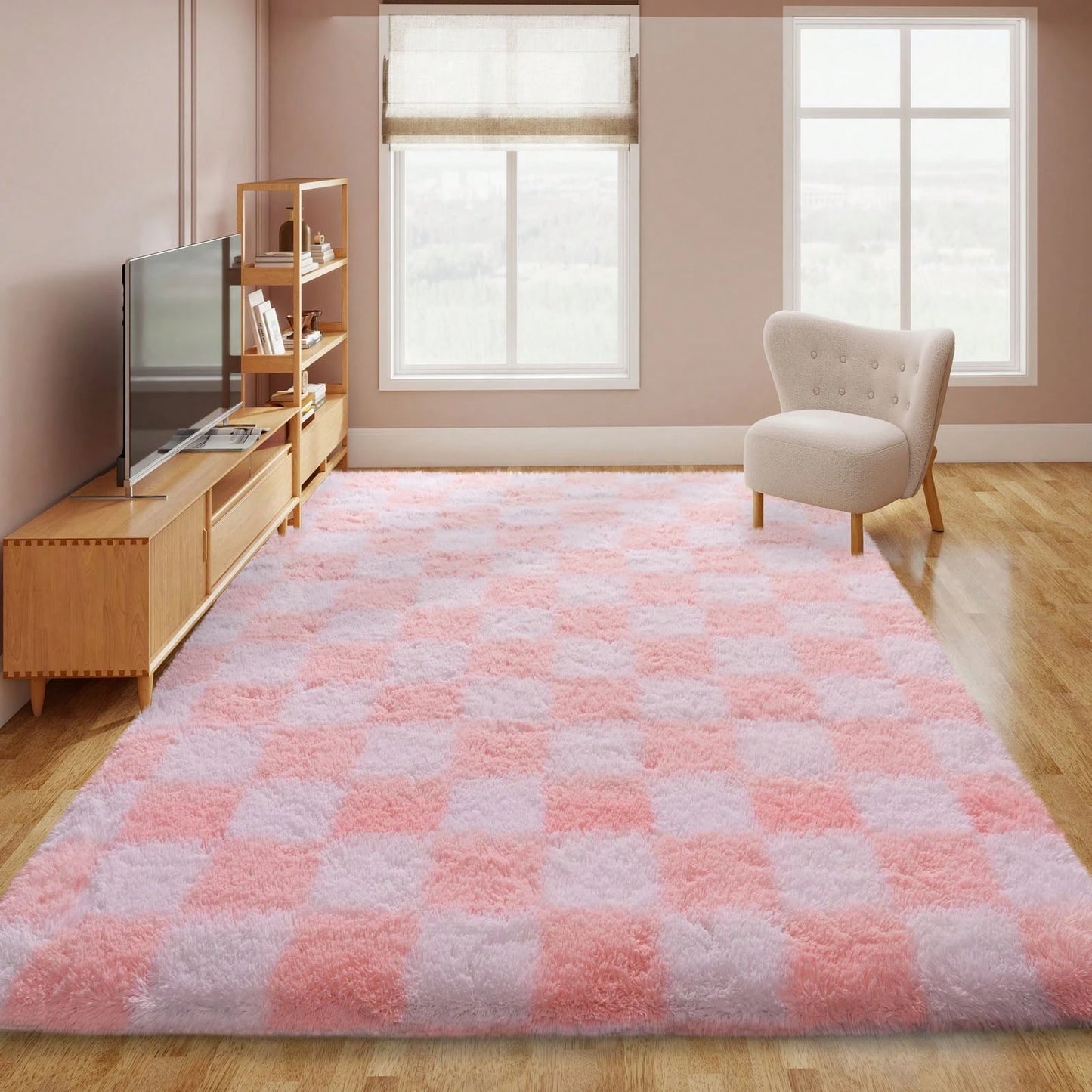 Fluffy Long Shag Plaid Area Rug for Bedroom, Living Room Washable , Super Soft Indoor Plush Rug.