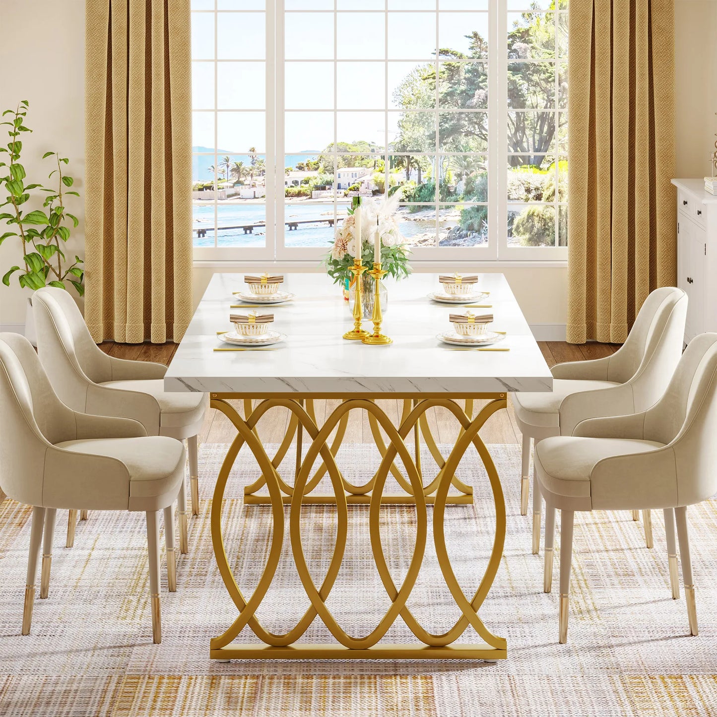 63-Inch Rectangular Dining Table for 4 to 6, Modern Kitchen Table with Faux Marble Table Top