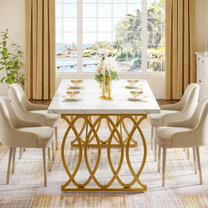 63-Inch Rectangular Dining Table for 4 to 6, Modern Kitchen Table with Faux Marble Table Top