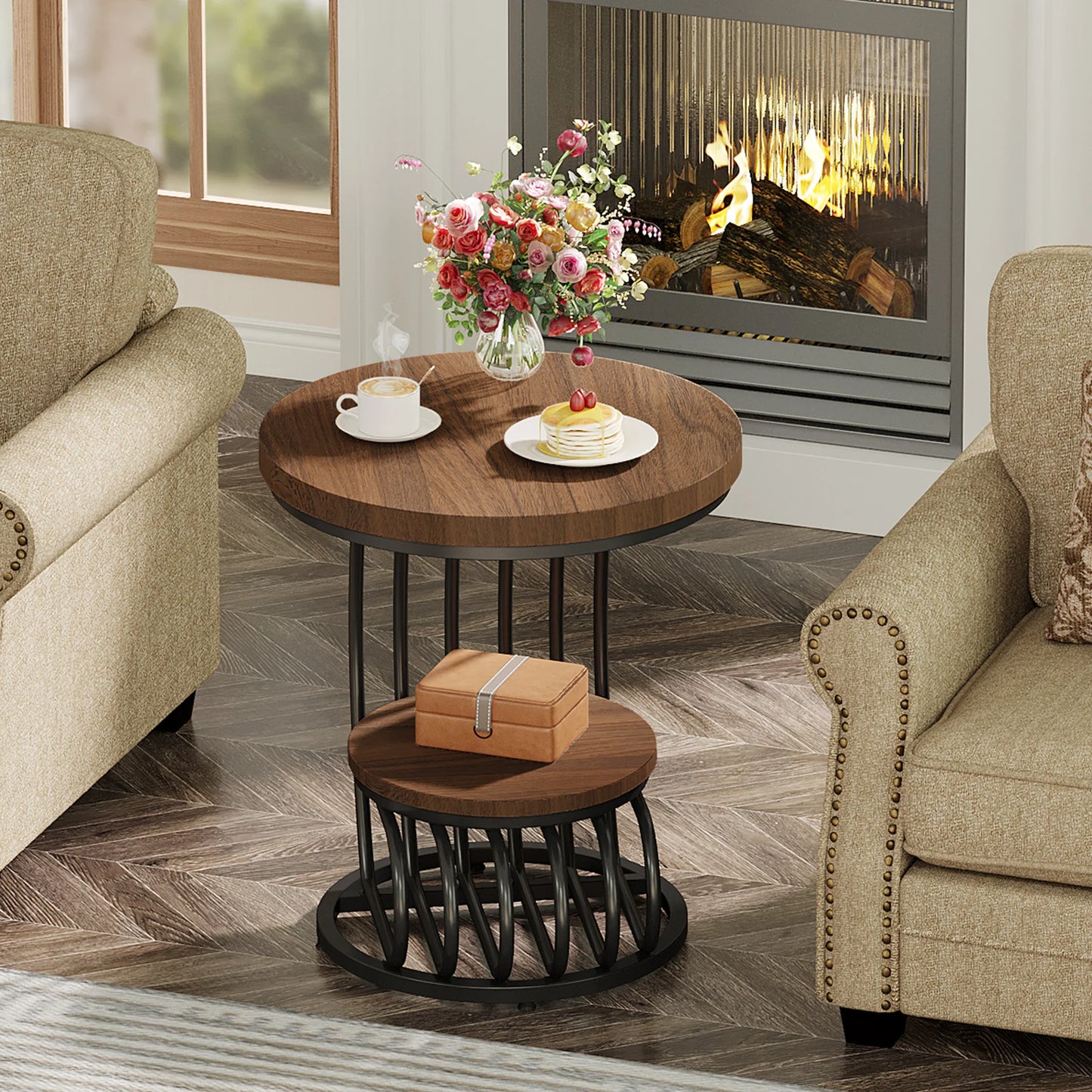 Gold Round End Table: 2 Tiers Faux Marble Side Table with Storage Shelf, Modern White Gold Bedside Nightstand