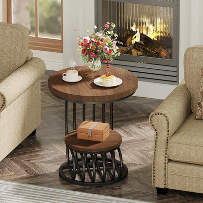 Gold Round End Table: 2 Tiers Faux Marble Side Table with Storage Shelf, Modern White Gold Bedside Nightstand