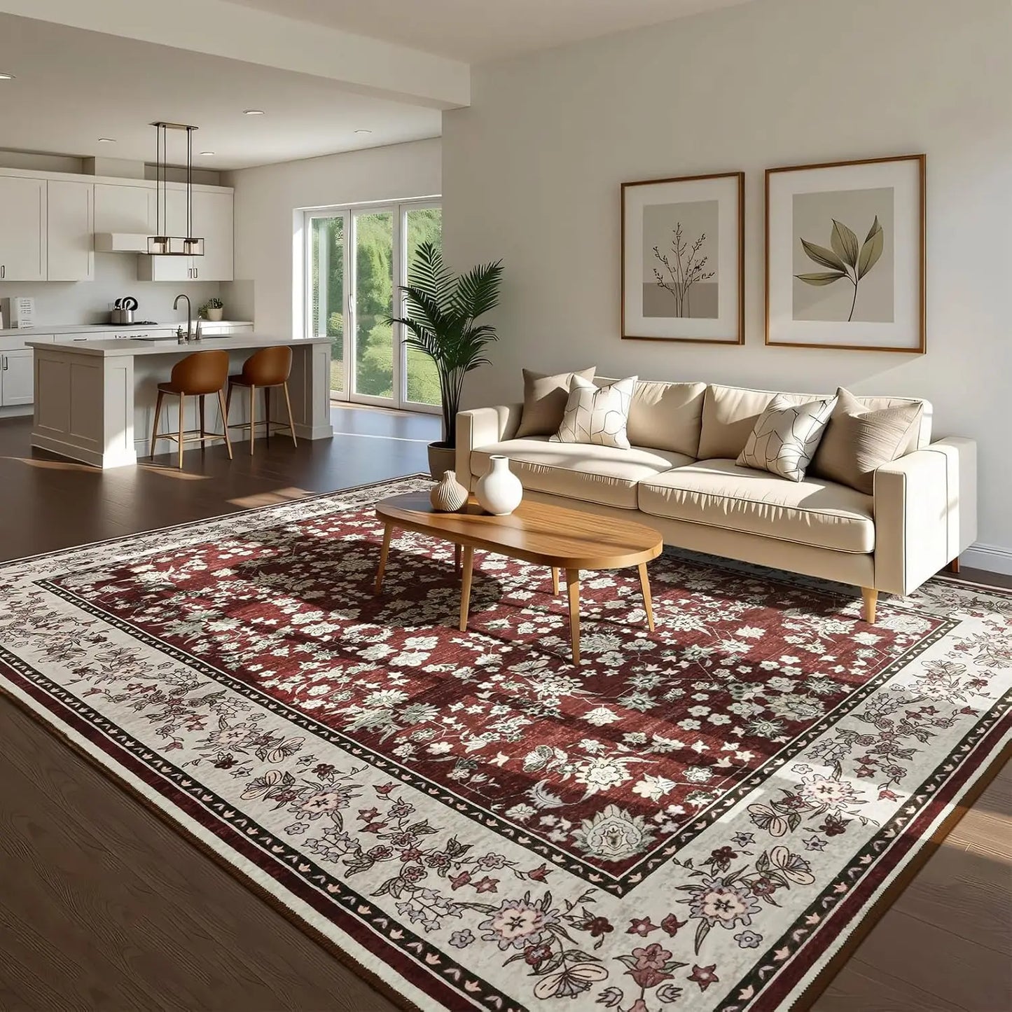 Washable Area Rugs for Living Room Bedroom Vintage Floral Print  Rug Soft Low Pile Non Slip