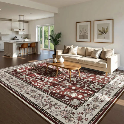 Washable Area Rugs for Living Room Bedroom Vintage Floral Print  Rug Soft Low Pile Non Slip