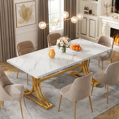 63-Inch Rectangular Dining Table for 4 to 6, Modern Kitchen Table with Faux Marble Table Top