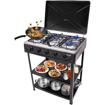 Natural Gas Stove Outdoor 5-Burner Stove Portable, with 2 Placement Boards and Windshield for Outdoor Camping RV Travel