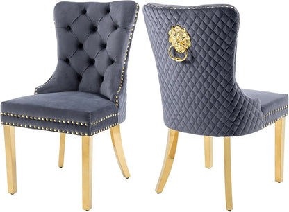 Velvet Dining Chairs Set of 2,  Dining Room Chairs with Gold Metal Legs and Lion Head Pull Ring
