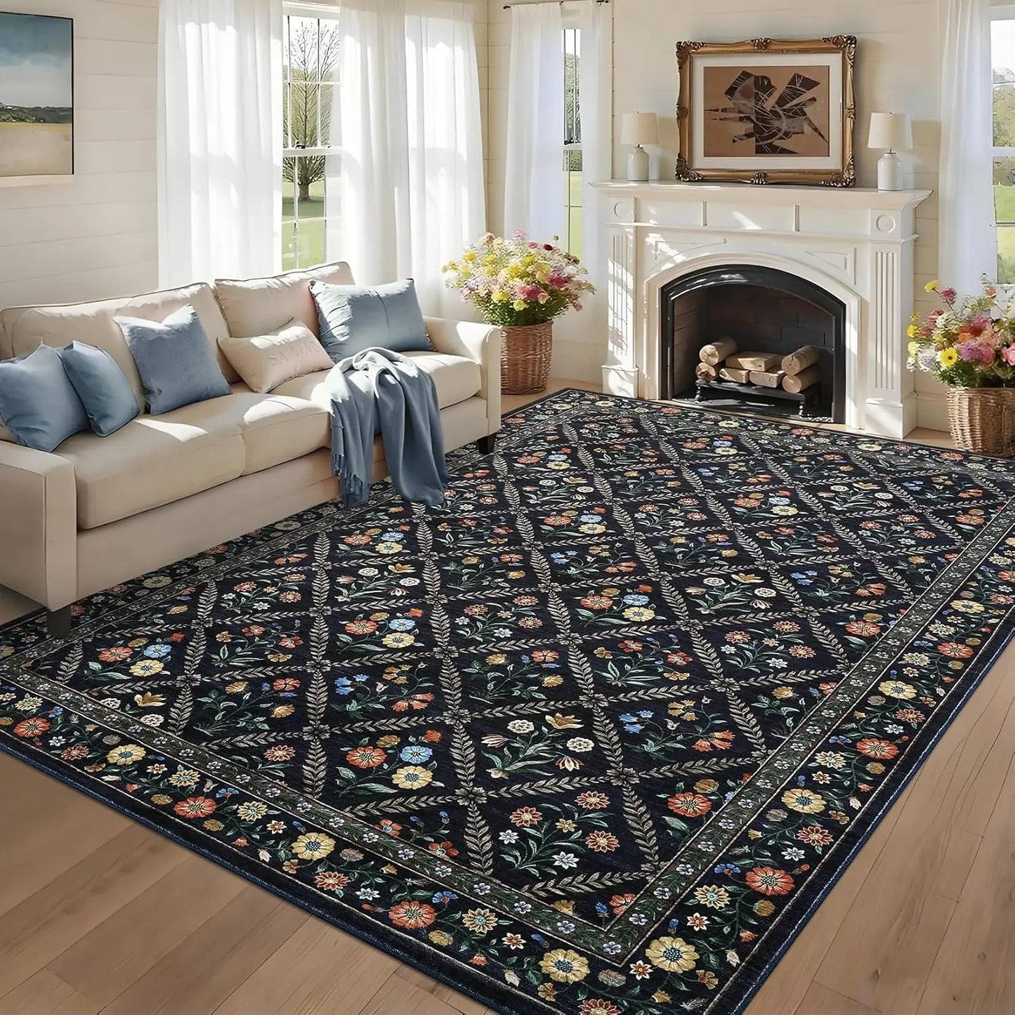 Vintage Washable Area Rugs for Living Room Soft Low-Pile Non-Slip Carpet  for Bedroom Dining Room Home Office