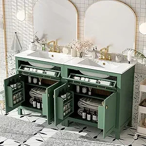 60" Bathroom Vanity Set with Double Sink, Vanity Cabinet with Flip Drawer, 2 Doors, and Adjustable Shelf