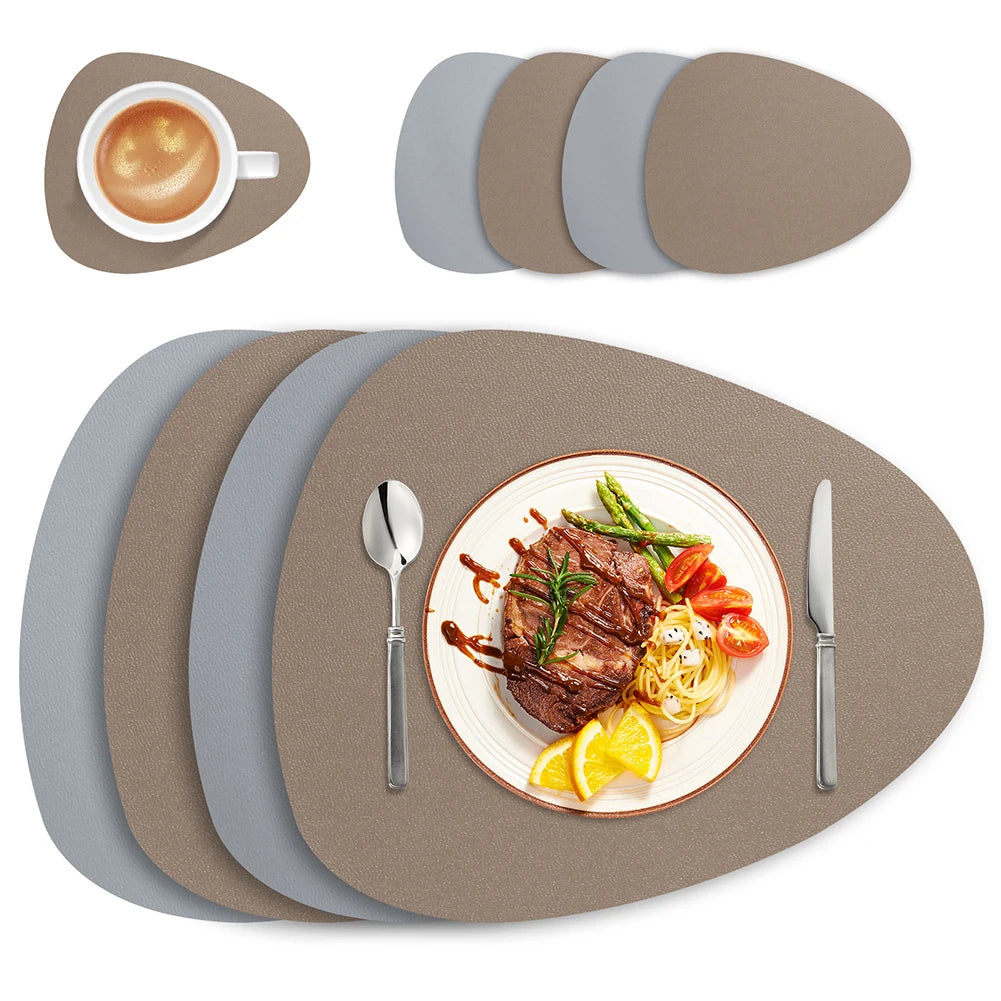 Irregular Shape PU Leather Placemats Set Oil-Proof Waterproof Dual-Sided Place Mats for Kitchen Bistro Tables Bars Coffee Shops