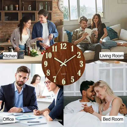 12 Inch Wooden Simple Luminous Wall Clock Silent Non Ticking Analog