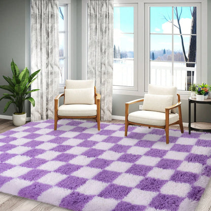 Fluffy Long Shag Plaid Area Rug for Bedroom, Living Room Washable , Super Soft Indoor Plush Rug.