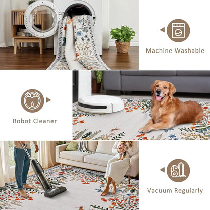 Washable Area Rugs , Non-Slip Floral