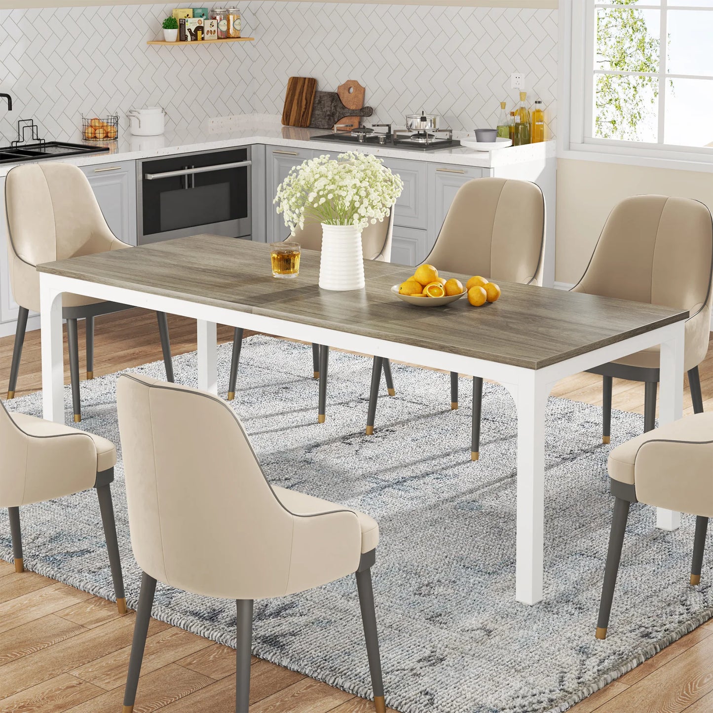 Dining Table for 6-8 People, 200cm Large Narrow Long Rectangular Kitchen Dinner Table, Rustic Wood Dining Table