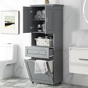 Laundry Cabinet with Tilt Out Laundry Hamper and Drawer, Wood Tall Bathroom Storage Cabinet with Doors and Adjustable Shelves