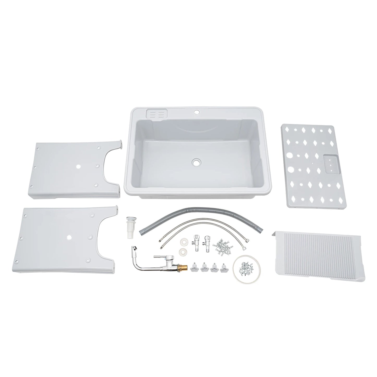 Freestanding Plastic Laundry Sink with Washboard Indoor Outdoor Utility Sink with Cold and Hot Water Faucet Hoses Drain Kit