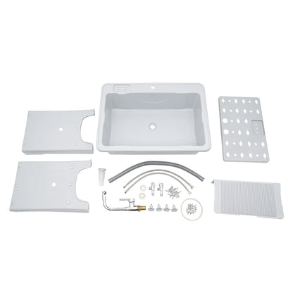 Freestanding Plastic Laundry Sink with Washboard Indoor Outdoor Utility Sink with Cold and Hot Water Faucet Hoses Drain Kit
