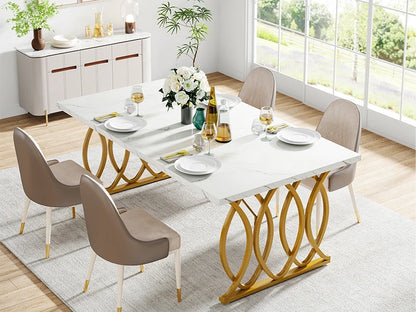 63-Inch Rectangular Dining Table for 4 to 6, Modern Kitchen Table with Faux Marble Table Top