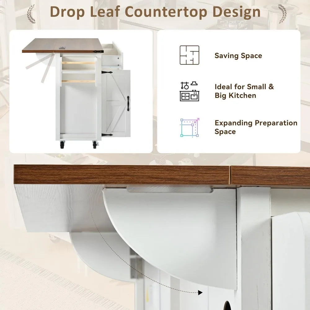 Farmhouse Rolling Kitchen Island with Power Outlet, Drop Leaf Breakfast Bar, Wooden Mobile Storage Island Cart on Wheels